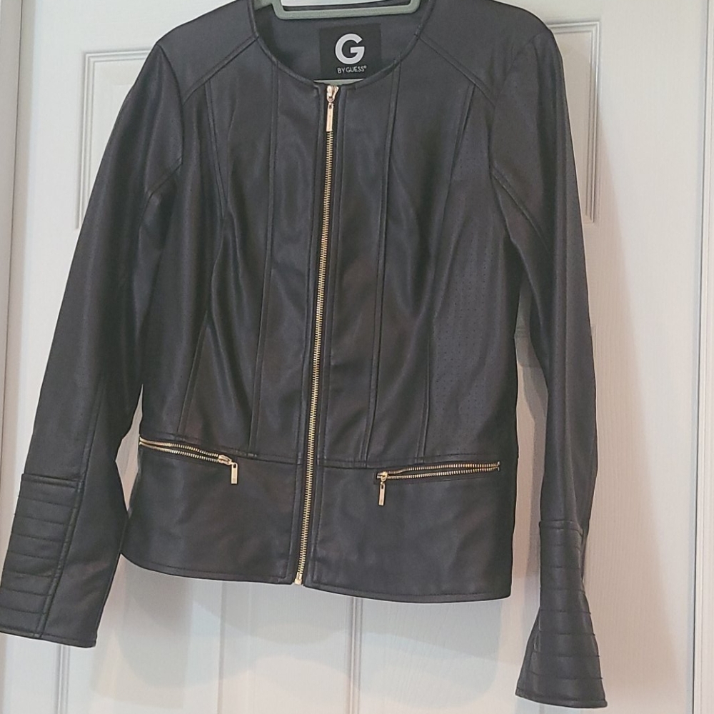 Black moto style jacket.